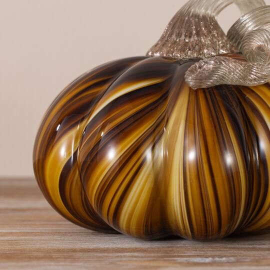 Glitzhome® 5.75" Multi Brown Striped Glass Pumpkin Fall Table Decor